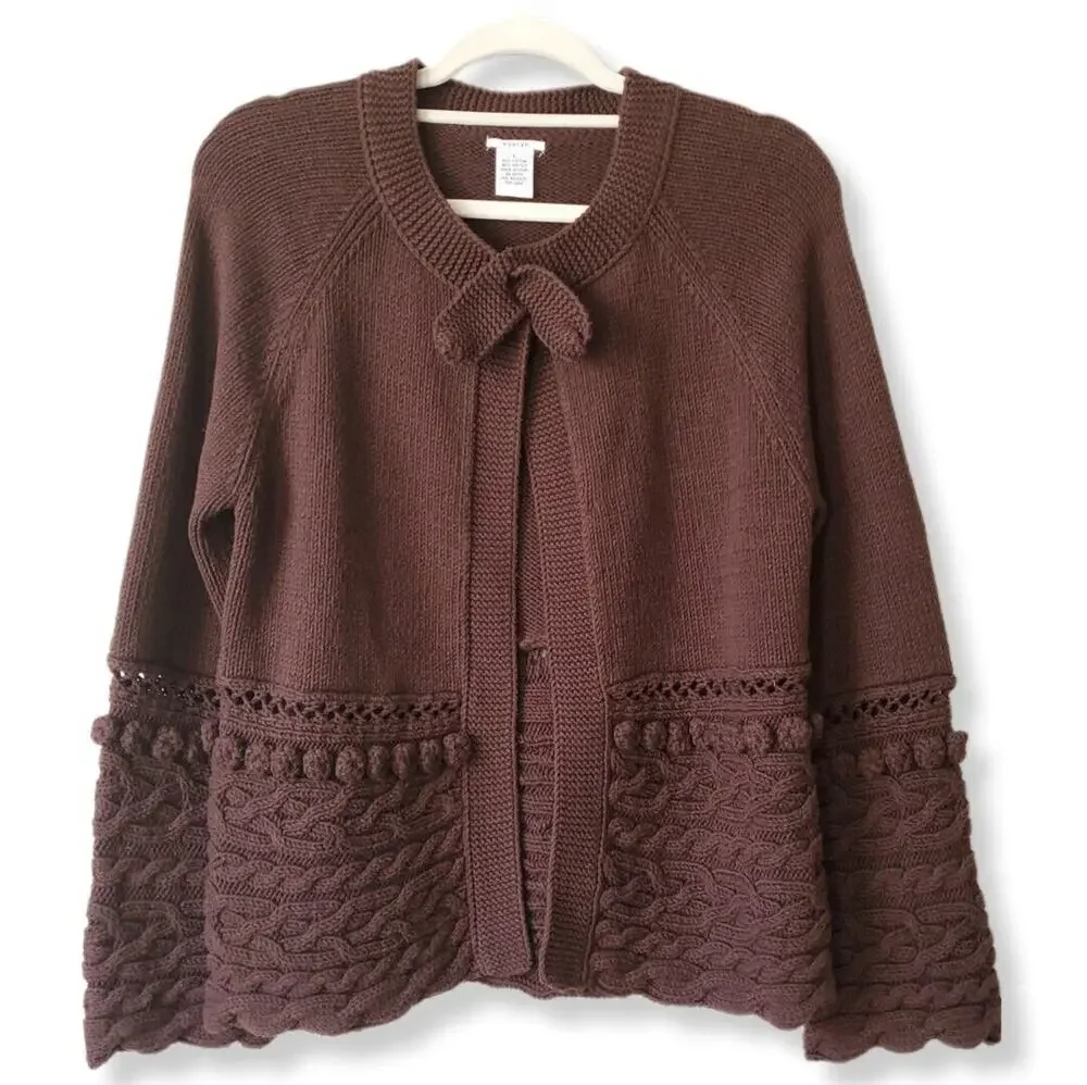 Women Brown Cardigan Cable Sweater M Twee Dark Cottage Cozy Witchy Granny Scandi